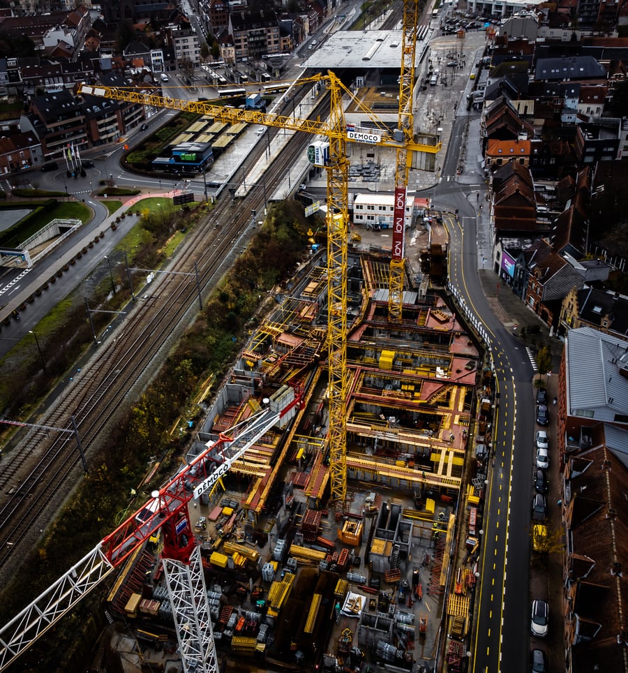Luchtfoto Roelevard, duurzame architectuur in het hart van Roeselare
